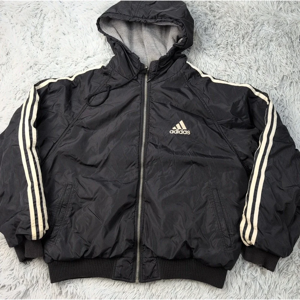 Vintage Adidas Jacket Mens M Black Hoodie Reversible Athletic Pockets Warm